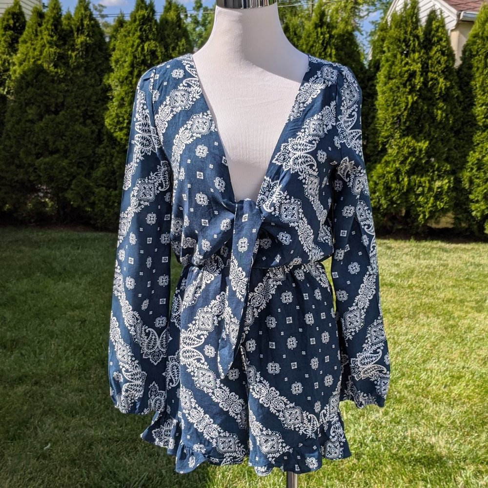 Sexy Boho Paisley Romper Deep V Tie Front